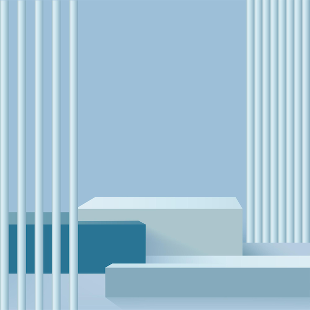 Fondo abstracto con podios 3d geométricos de color azul. Ilustración vectorial.