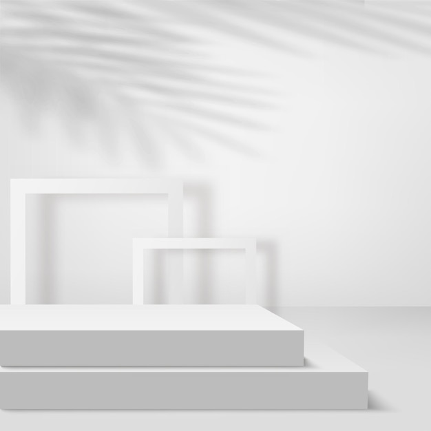 Fondo abstracto con podios 3d geométricos de color blanco. Ilustración vectorial