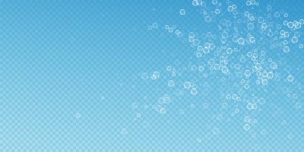 Fondo abstracto de pompas de jabón. Soplando burbujas sobre fondo azul transparente. Impresionante plantilla de superposición de espuma jabonosa. Ilustración de vector elegante.