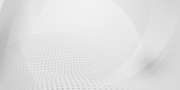 Fondo abstracto de puntos de semitono y líneas curvas en colores blanco y gris