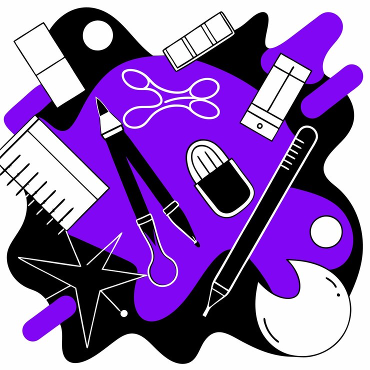 Vector un fondo abstracto púrpura y negro con iconos blancos de papelería