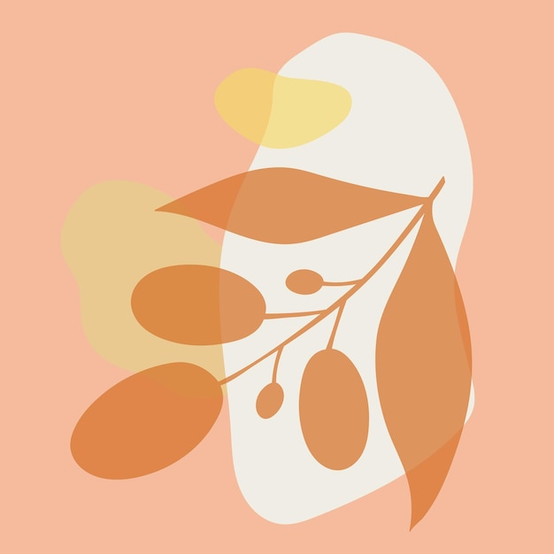 Fondo abstracto con rama de olivo y formas dibujadas a mano Elementos botánicos dibujados a mano Arte vectorial