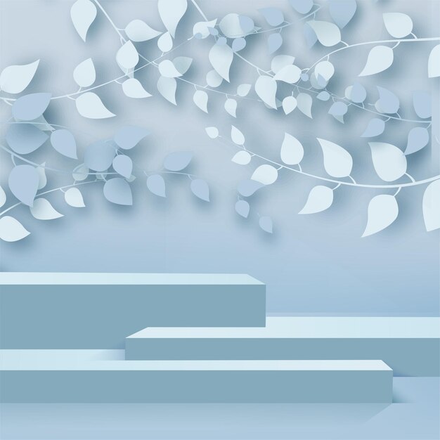 Fondo abstracto con ramas y hojas y podio azul. Vector.