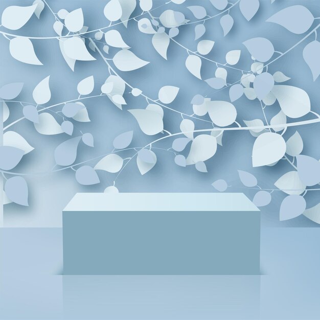 Fondo abstracto con ramas y hojas y podio azul. Vector.