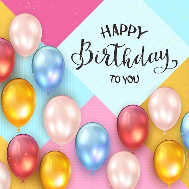 Fondo abstracto rosa y azul Letras negras Feliz cumpleaños con globos de colores y confeti El concepto de vacaciones se puede utilizar para carteles de tarjetas e ilustraciones de pancartas