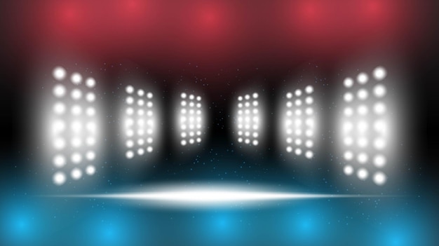 Fondo abstracto sala de escenario de estadio azul rojo con luces escénicas de interfaz de usuario de tecnología futurista redonda iluminación vectorial azul fondo de foco de escenario vacío