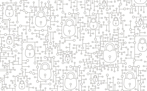 Fondo abstracto de seguridad cibernética Imagen de contorno de un código digital Circuitos de placa base y bloqueos Imagen horizontal Ilustración vectorial