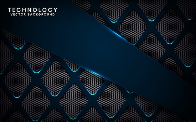 Fondo abstracto de tecnología 3D con efecto de rayos azules, superposición de capas en el espacio oscuro con rombo metálico