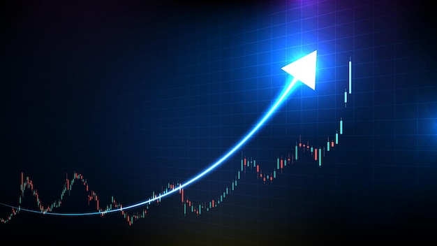 Fondo abstracto de tecnología futurista del mercado de valores y gráfico de barras de palo de vela verde y rojo