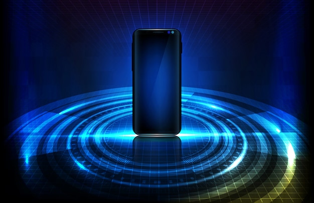 Fondo abstracto de tecnología futurista. teléfono móvil inteligente brillante con elemento halograma vr hud
