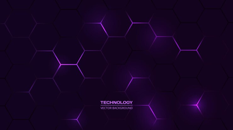Vector fondo abstracto de tecnología hexagonal oscura con destellos brillantes de color azul y rosa