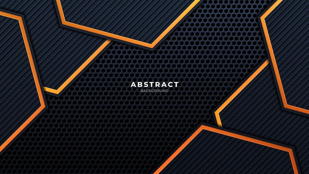 El fondo abstracto de la tecnología negra 3D se superpone a las capas en el espacio oscuro con una decoración de efecto de luz naranja. Elementos de plantilla de diseño gráfico moderno para carteles, volantes, folletos o pancartas