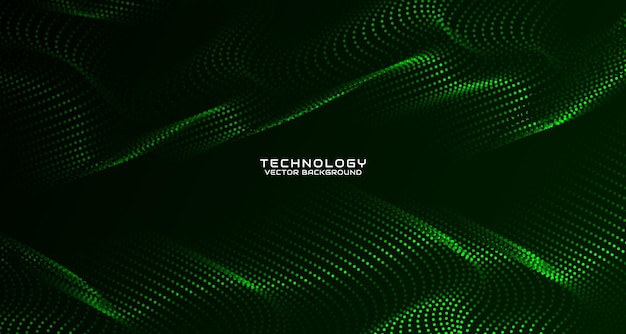 Vector fondo abstracto de tecnología verde en el espacio oscuro con efecto de estilo de partículas de puntos ondulantes