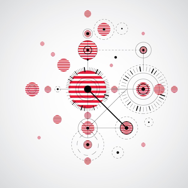 Fondo abstracto Vector Bauhaus hecho con cuadrícula y elementos geométricos simples superpuestos, círculos y líneas. Obra de arte de estilo retro, plantilla gráfica para afiches publicitarios.