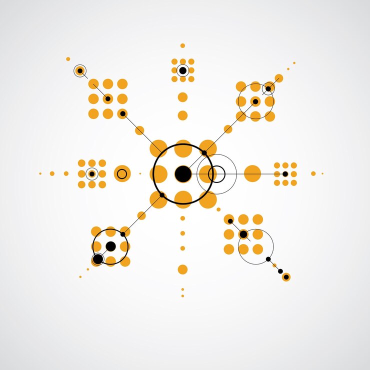 Vector fondo abstracto vector bauhaus hecho con cuadrícula y elementos geométricos simples superpuestos, círculos y líneas. obra de arte de estilo retro, plantilla gráfica para afiches publicitarios.