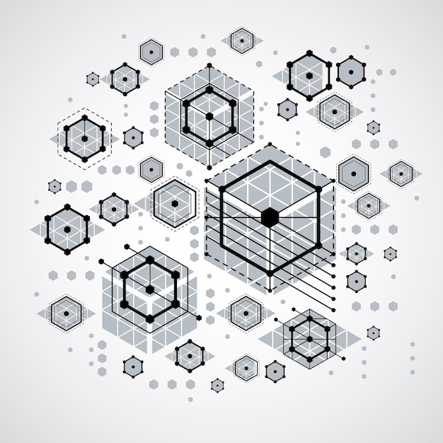 Fondo abstracto Vector Bauhaus hecho con cuadrícula y elementos geométricos simples superpuestos, círculos y panales rayados. Ilustraciones retro, plantilla gráfica de estilo tecnológico para afiches publicitarios.