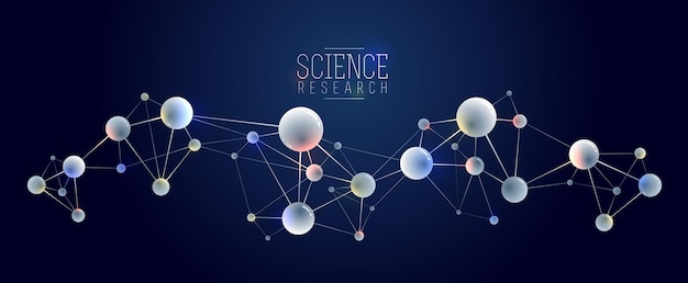 Fondo abstracto de vector de moléculas, elemento de diseño de tema de física y química de ciencia dimensional 3D, ilustración científica micro nano de átomos y partículas.