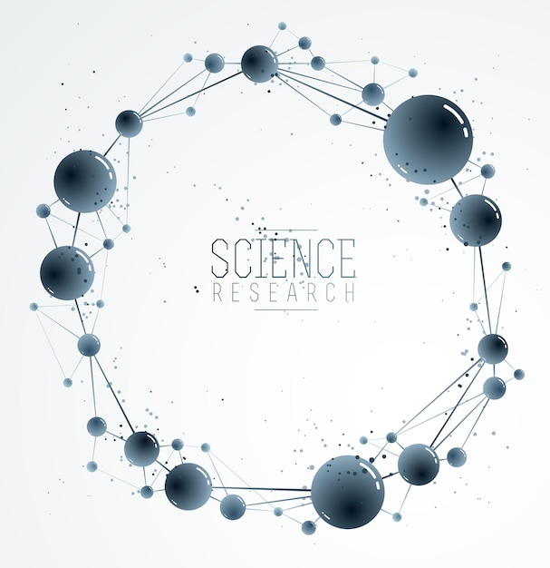 Fondo abstracto de vector de moléculas, elemento de diseño de tema de física y química de ciencia dimensional 3D, ilustración científica micro nano de átomos y partículas.