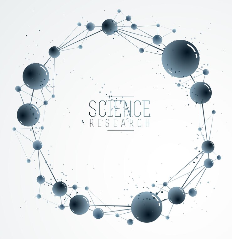 Vector fondo abstracto de vector de moléculas, elemento de diseño de tema de física y química de ciencia dimensional 3d, ilustración científica micro nano de átomos y partículas.
