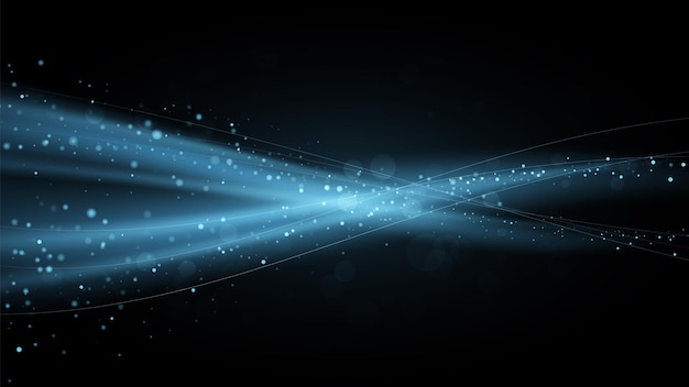 Fondo abstracto vectorial con corrientes azules de aire sobre un fondo negro Llama mágica azul con partículas brillantes Onda luminosa