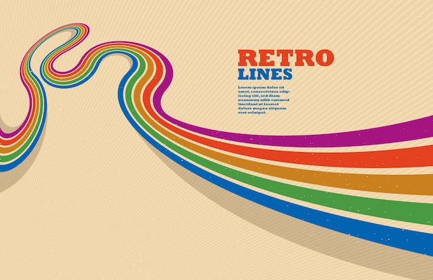 Fondo abstracto vectorial lineal en todos los colores del arco iris líneas de estilo retro en perspectiva dimensional 3D arte de carteles vintage