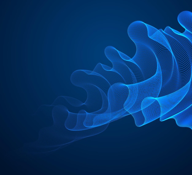 Fondo abstracto vectorial con onda mágica de partículas que fluyen sobre líneas de forma de curva suave y oscura, textil de tul transparente en el viento. Malla combinada mágica de puntos de forma 3d.