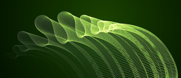 Fondo abstracto vectorial con onda mágica de partículas que fluyen sobre líneas de forma de curva suave y oscura, textil de tul transparente en el viento. Malla combinada mágica de puntos de forma 3d.