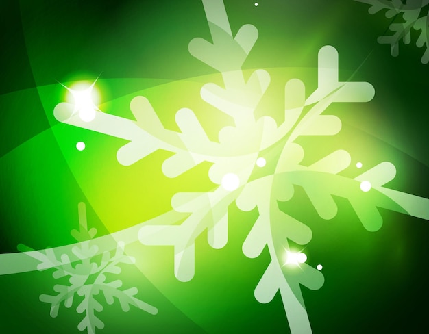 Fondo abstracto verde de navidad con copos de nieve transparentes blancos