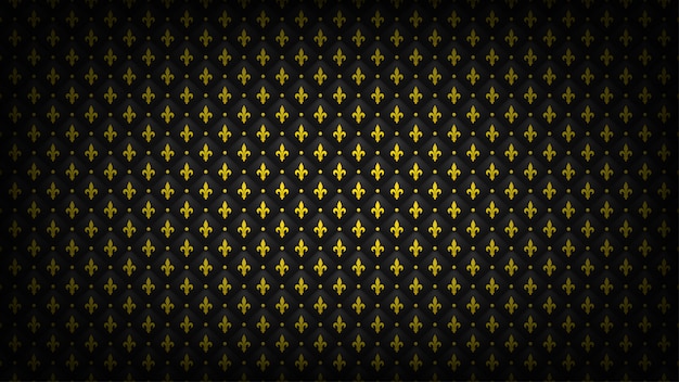 Fondo acolchado negro con el símbolo dorado de la flor de lis. Fondo de pantalla de lujo real.