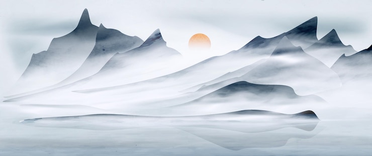 Vector fondo de acuarela de arte con montañas y colinas en las nubes en azul banner de paisaje en estilo de tinta oriental para decoración impresa para decoración del hogar