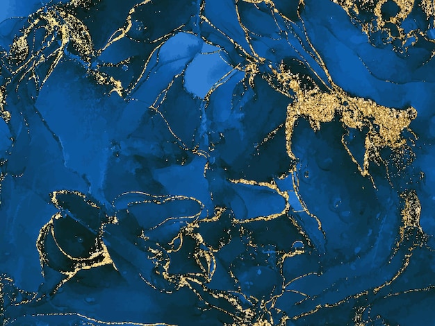 Vector fondo de acuarela azul con brillo dorado acuarela alcohol salpicaduras de tinta flujo líquido tex ...