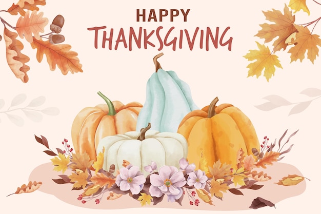 Fondo de acuarela feliz día de acción de gracias con hojas de otoño y calabazas