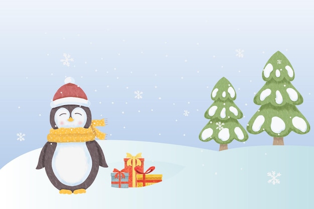 Fondo acuarela feliz navidad con lindo pingüino y regalos