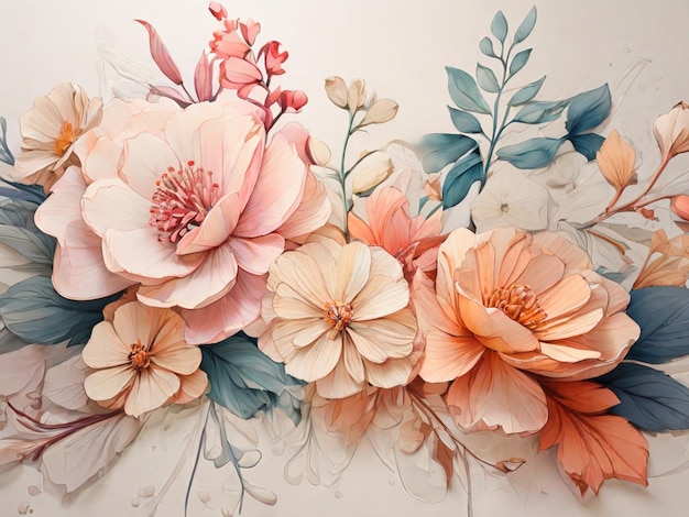fondo de acuarela y flores florales en estilo de arte de línea