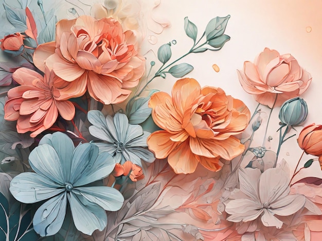 fondo de acuarela y flores florales en estilo de arte de línea