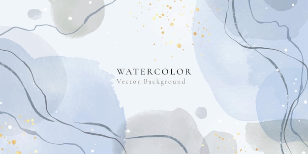 Fondo de acuarela líquida azul y gris pastel polvoriento abstracto con líneas onduladas y manchas de oro. Encabezado horizontal moderno minimalista elegante pastel. Ilustración de vector, papel tapiz de acuarela