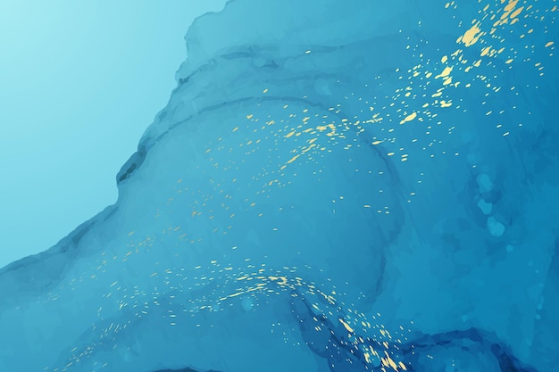 Fondo de acuarela moderno con ondas de tinta azul abstracta y salpicaduras doradas