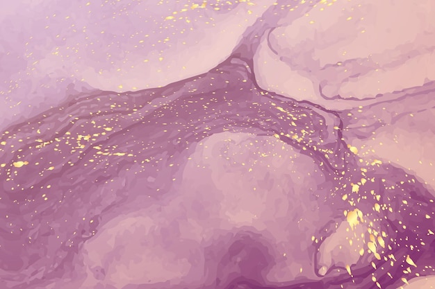 Fondo de acuarela moderno con ondas de tinta púrpura y rosa abstractas y salpicaduras doradas