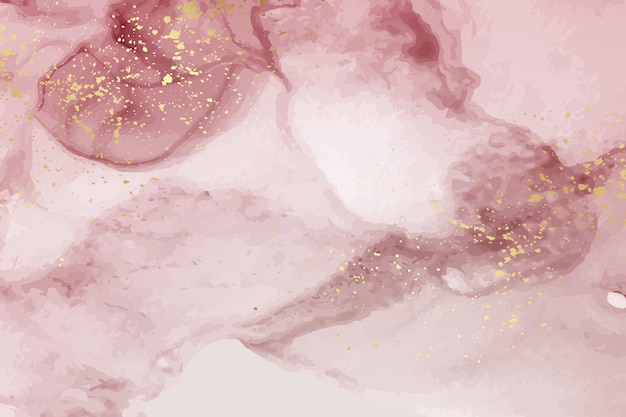 Fondo de acuarela moderno con ondas de tinta rosa abstracta y salpicaduras doradas
