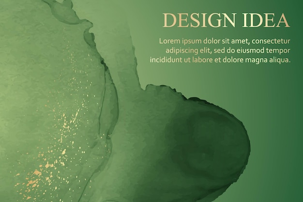 Fondo de acuarela moderno con ondas de tinta verde abstracta y salpicaduras doradas