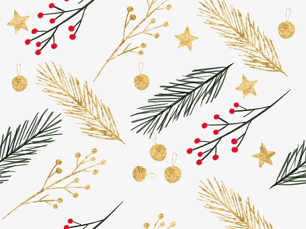 Fondo acuarela Navidad año nuevo con rama de pino verde abeto acebo baya estrella dorada