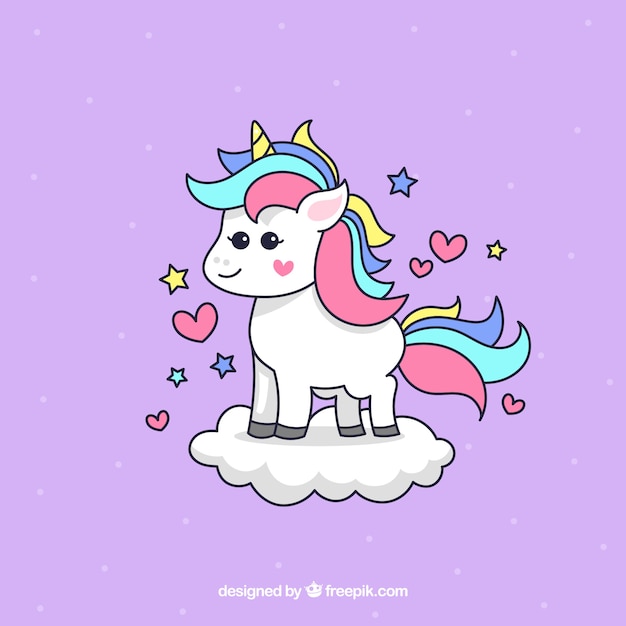 Fondo de adorable unicornio en una nube dibujado a mano