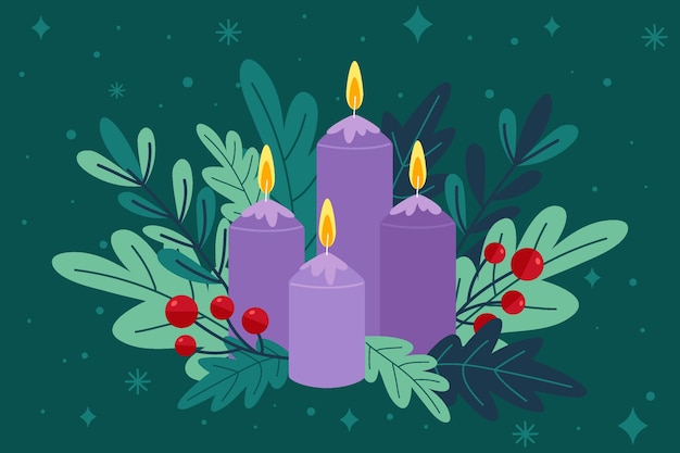 Fondo de adviento de velas moradas dibujadas a mano