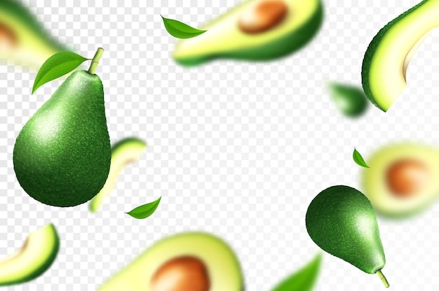 Fondo de aguacate mitad entera voladora y rodajas de aguacate fresco efecto desenfocado y borroso se puede usar para papel tapiz, pancarta, papel de regalo ilustración realista de vector 3d