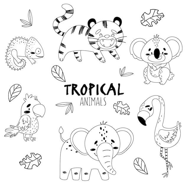 Fondo aislado de animales tropicales lindos conjunto blanco y negro