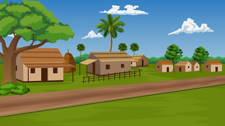 Vector fondo de la aldea de dibujos animados con casas