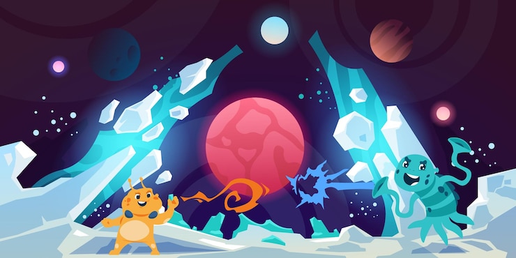Vector fondo alienígena paisaje planetario batalla marciana personajes extraterrestres exploración espacial satélites del cosmos panorama galáctico con cráteres y montañas ilustración vectorial