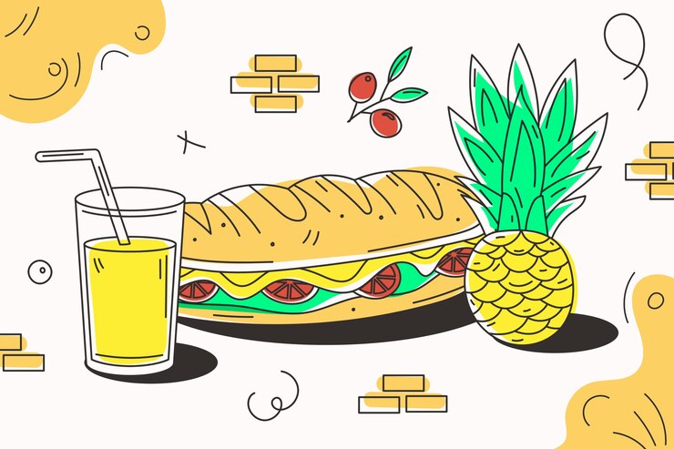 Vector fondo de alimentos y bebidas dibujado a mano