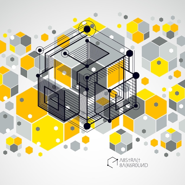 Fondo amarillo abstracto vectorial creado en estilo de líneas de malla isométrica. esquema mecánico, dibujo de ingeniería vectorial con piezas de cubo y mecanismo. fondo perfecto para sus proyectos de diseño