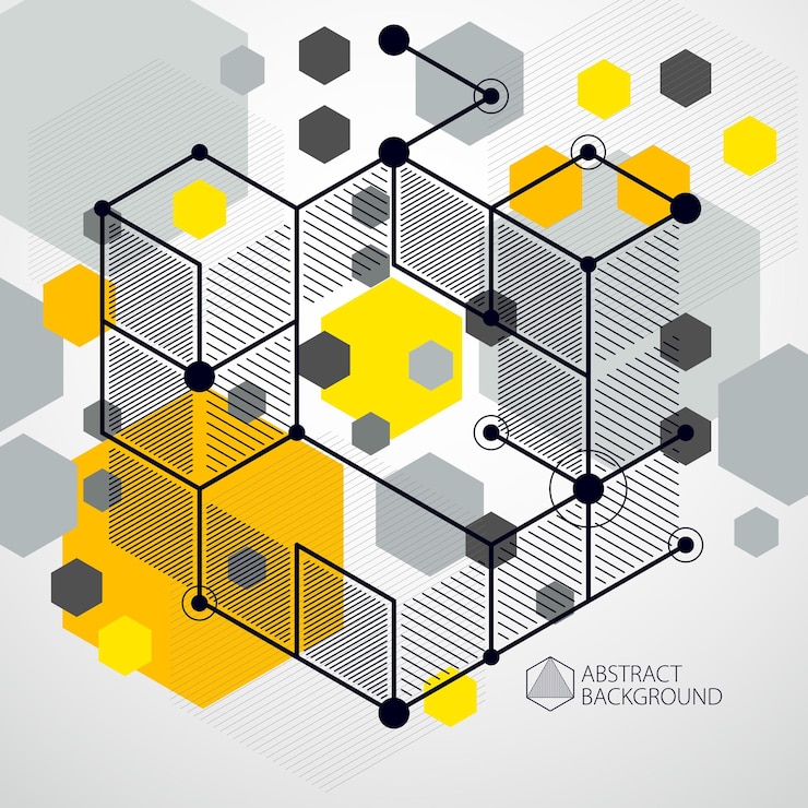 Vector fondo amarillo abstracto vectorial creado en estilo de líneas de malla isométrica. esquema mecánico, dibujo de ingeniería vectorial con piezas de cubo y mecanismo. fondo perfecto para sus proyectos de diseño